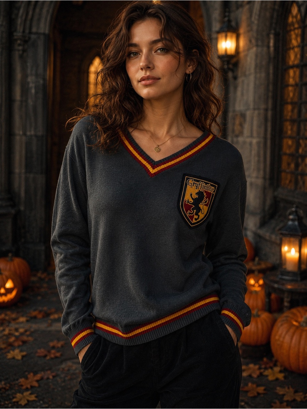 Harry Potter Gryffindor Sweater M Gray Red Gold Hogwarts Halloween *